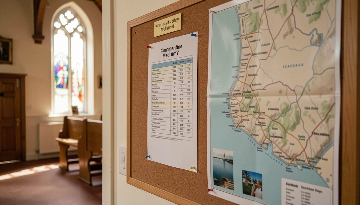 A printed meeting schedule card on a cork notice board in a church hall corridor, beside a community bulletin and a map of the Seacoast towns, documentary photograph, warm indoor light