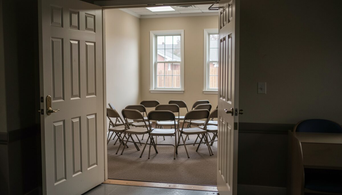 Two handwritten signs taped side by side on a parish hall door reading OPEN and CLOSED in marker, with folding chairs visible through the doorway, documentary photograph