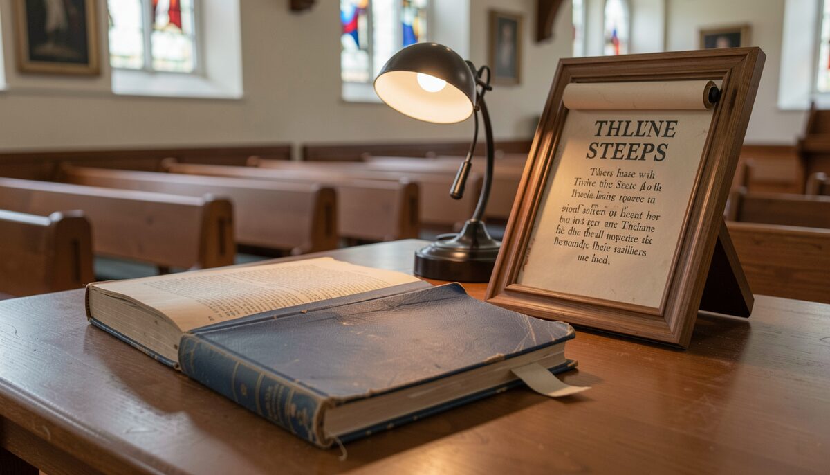 A worn blue hardcover book with a dust jacket removed lying open on a church hall table beside a framed scroll of the Twelve Steps, documentary photograph, reading lamp light