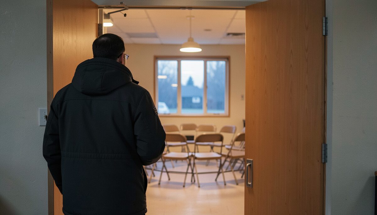 The doorway of a parish hall at dusk with a small printed sign and an arrow, a person seen from behind hesitating at the threshold, coat on, documentary photograph, New England town