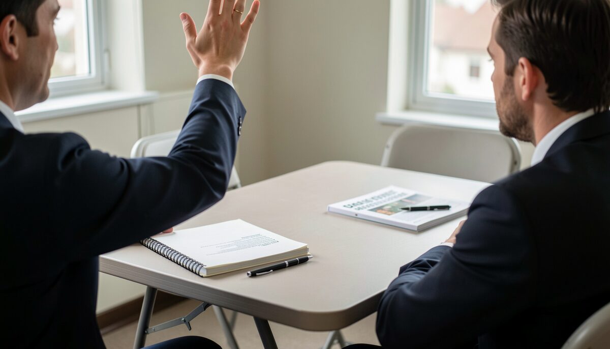A member raising a hand in a small business meeting around a folding table with a treasurer's notebook and a service manual, faces turned away or out of frame, documentary photograph
