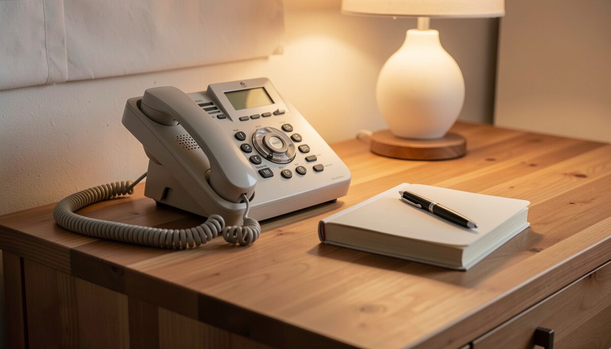A volunteer's kitchen telephone beside a handwritten call log and a folded meeting list, evening light, a notepad with directions sketched in pencil, documentary photograph