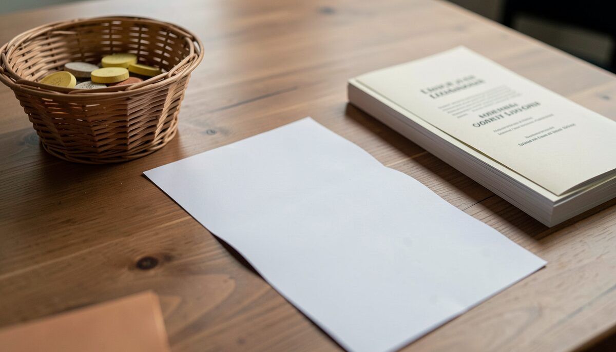A folded printed meeting schedule lying on a wooden literature table next to a stack of pamphlets and a wicker basket of sobriety chips, shallow focus, documentary photograph